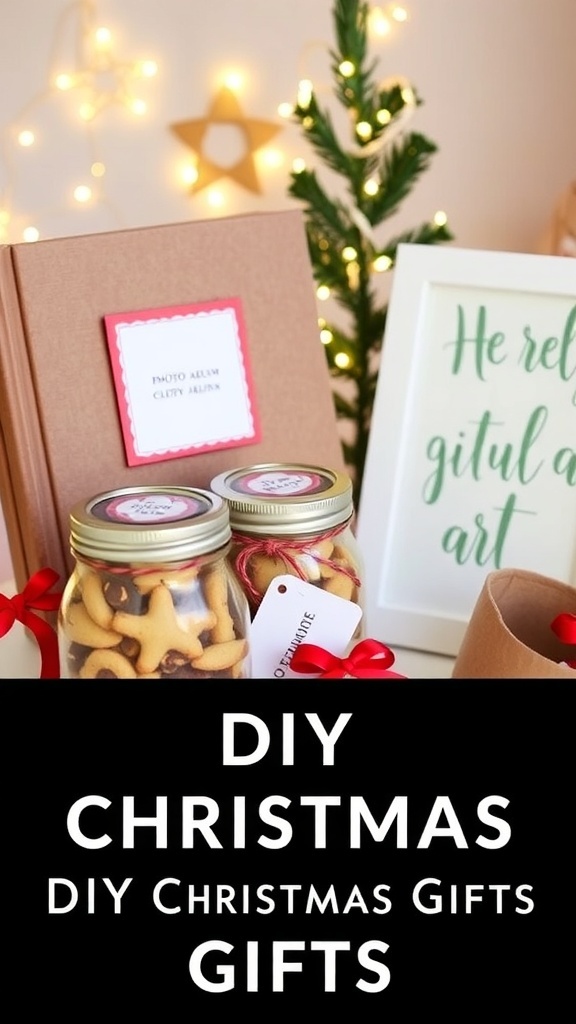 DIY Christmas Gifts for Your Boyfriend A collection of DIY Christmas gifts including a photo album, cookies in a jar, and artwork, set against a festive backdrop.